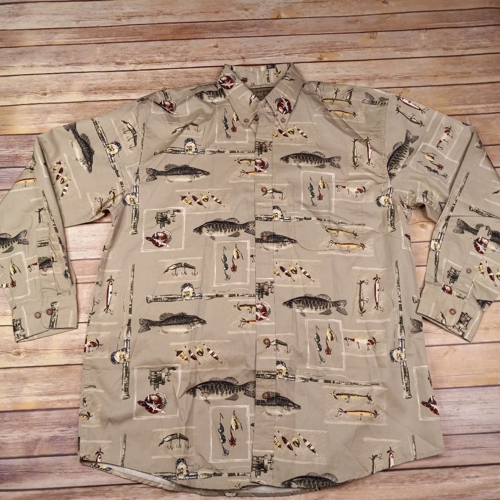 Woods & Water Outfitters Mens L Button Down Long Sleeve Fishing Pattern Shirt